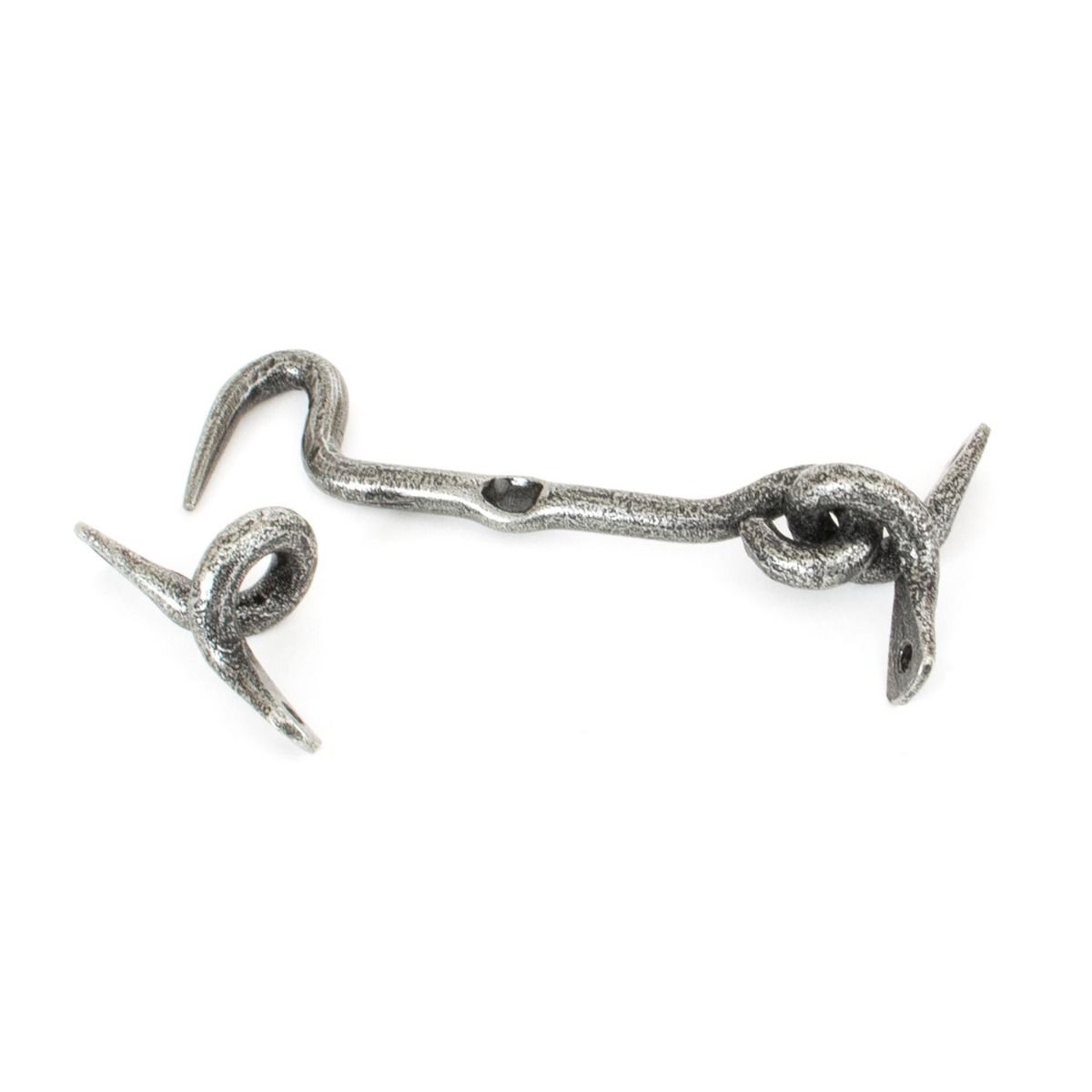The 4 Inch Forged Iron Cabin Hook in a Pewter Finish on a White Background