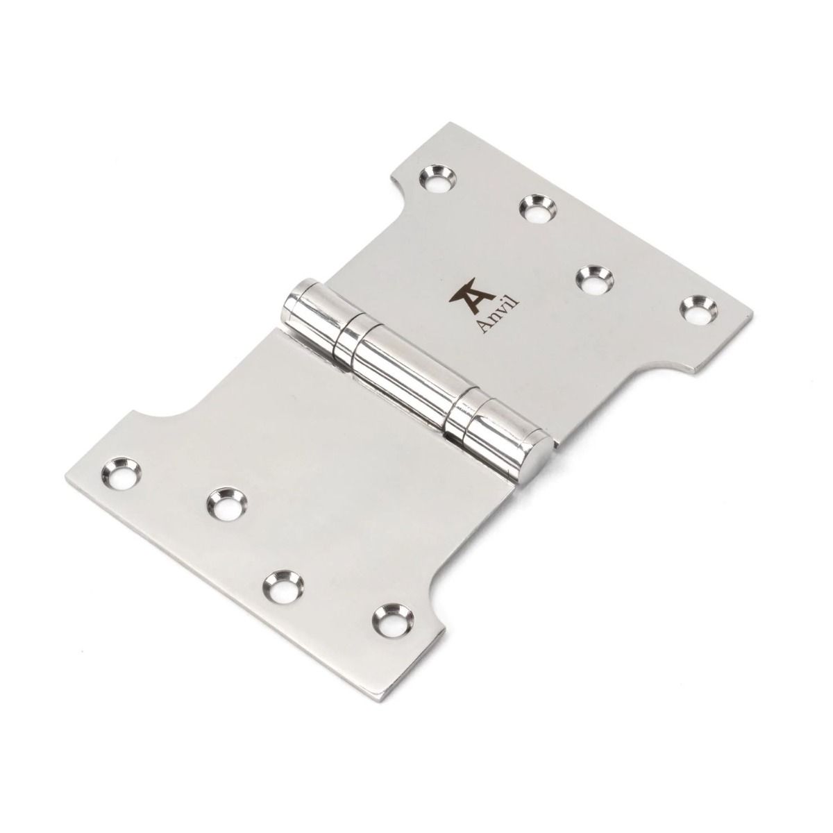 The 4 Inch Heavy Duty Parliament Door Hinges (Pair) in Polished Stainless Steel on a White Background