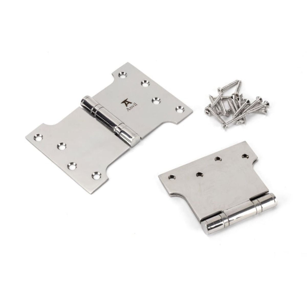 The 4 Inch Heavy Duty Parliament Door Hinges (Pair) in Polished Stainless Steel on a White Background Shown with Components
