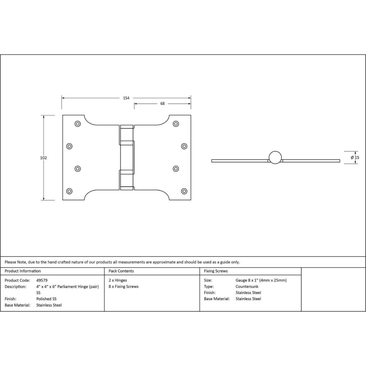 The 4 Inch Heavy Duty Parliament Door Hinges (Pair) in Polished Stainless Steel Technical Drawings and Dimensions