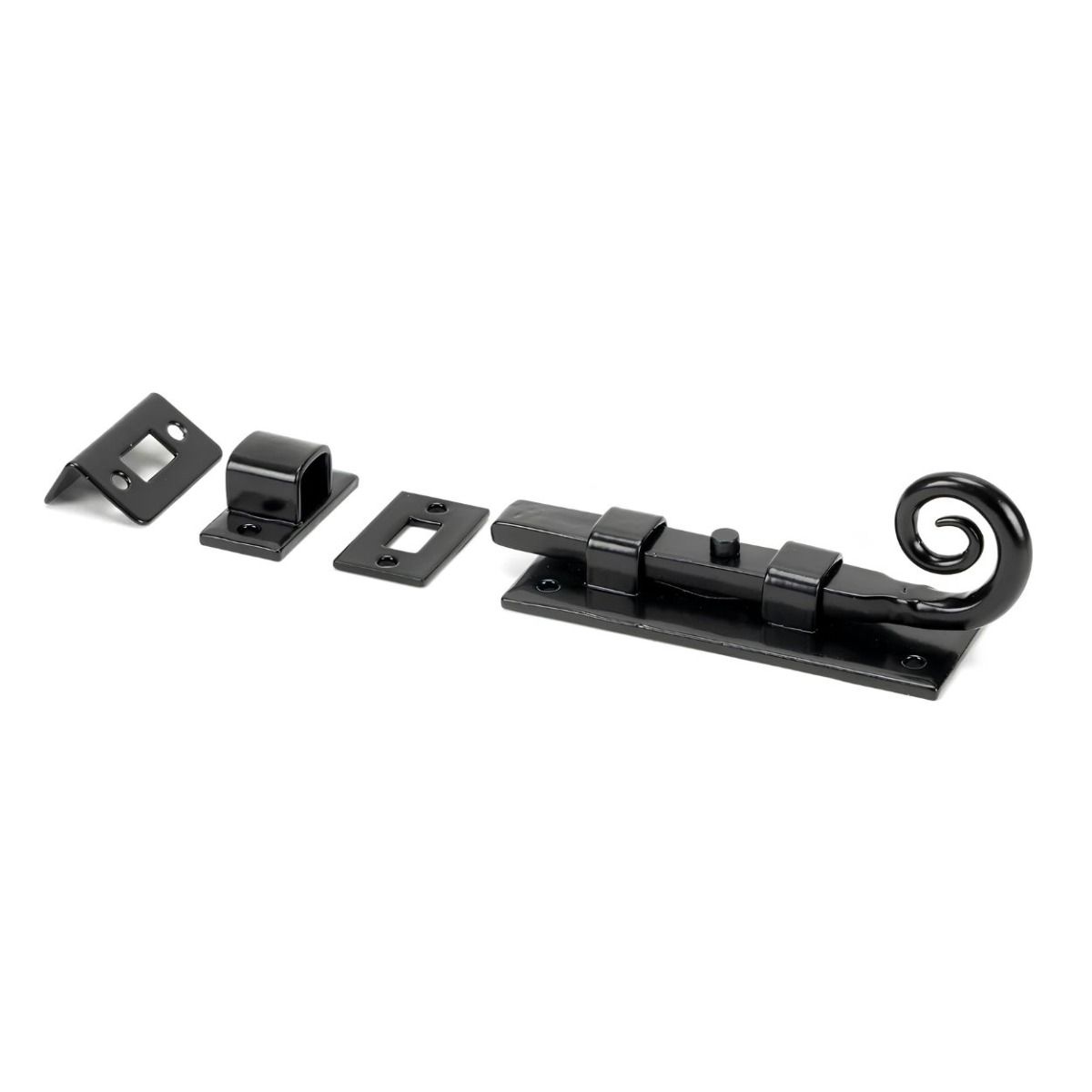 The 4 Inch Monkey Tail Window Security Bolt & Door Straight Bolt on a White Background in a Black Finish