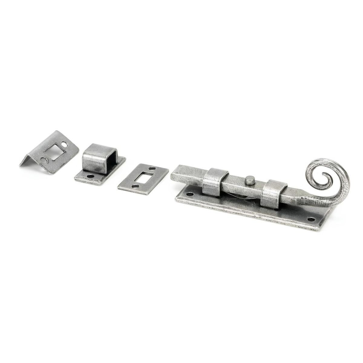 The 4 Inch Monkey Tail Window Security Bolt & Door Straight Bolt on a White Background in a Pewter Finish