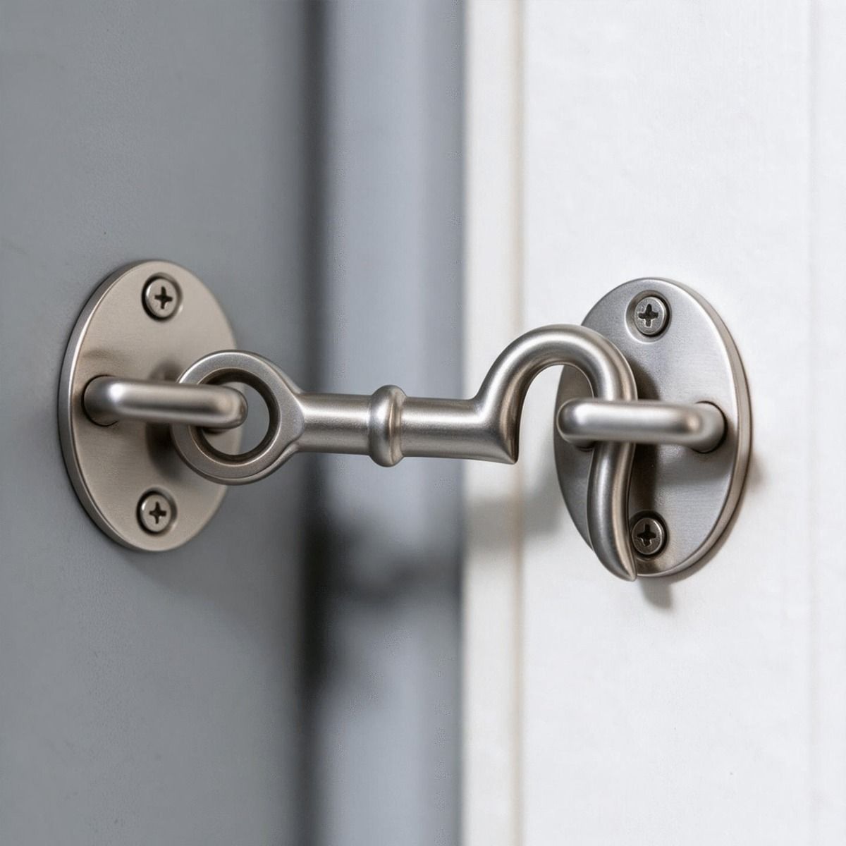 The 4 Inch Satin Chrome Cabin Hook Loose Ring Type Shown on a Grey Wall in a Contemporary Home - Digital Illustration