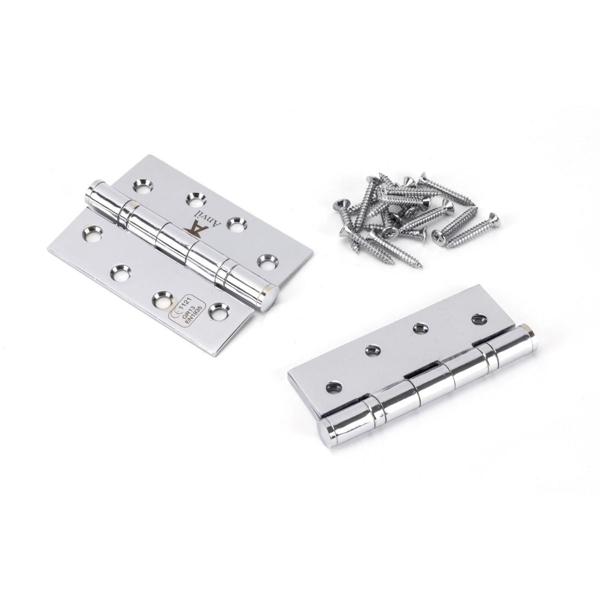 The 4 Inch Stainless Steel Ball Bearing Butt Hinges (Pair) in Polished Chrome on a White Background with Supplied Screws