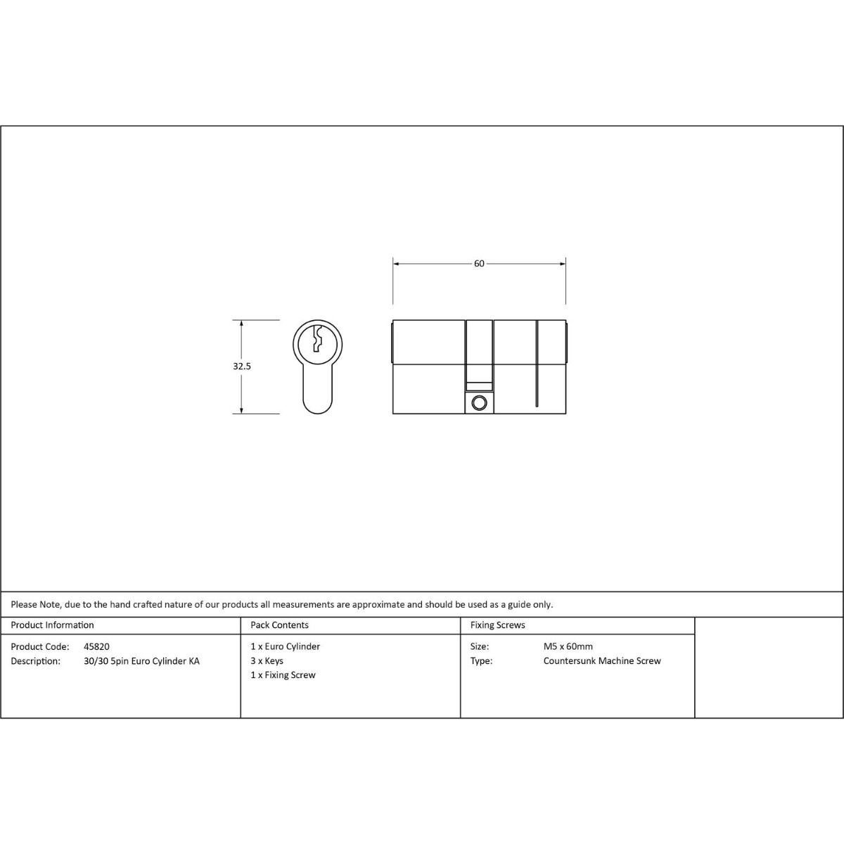 The 5-Pin Euro Cylinder Lock Keyed Alike - 30/30 - Aged Bronze Technical Drawings and Dimensions 