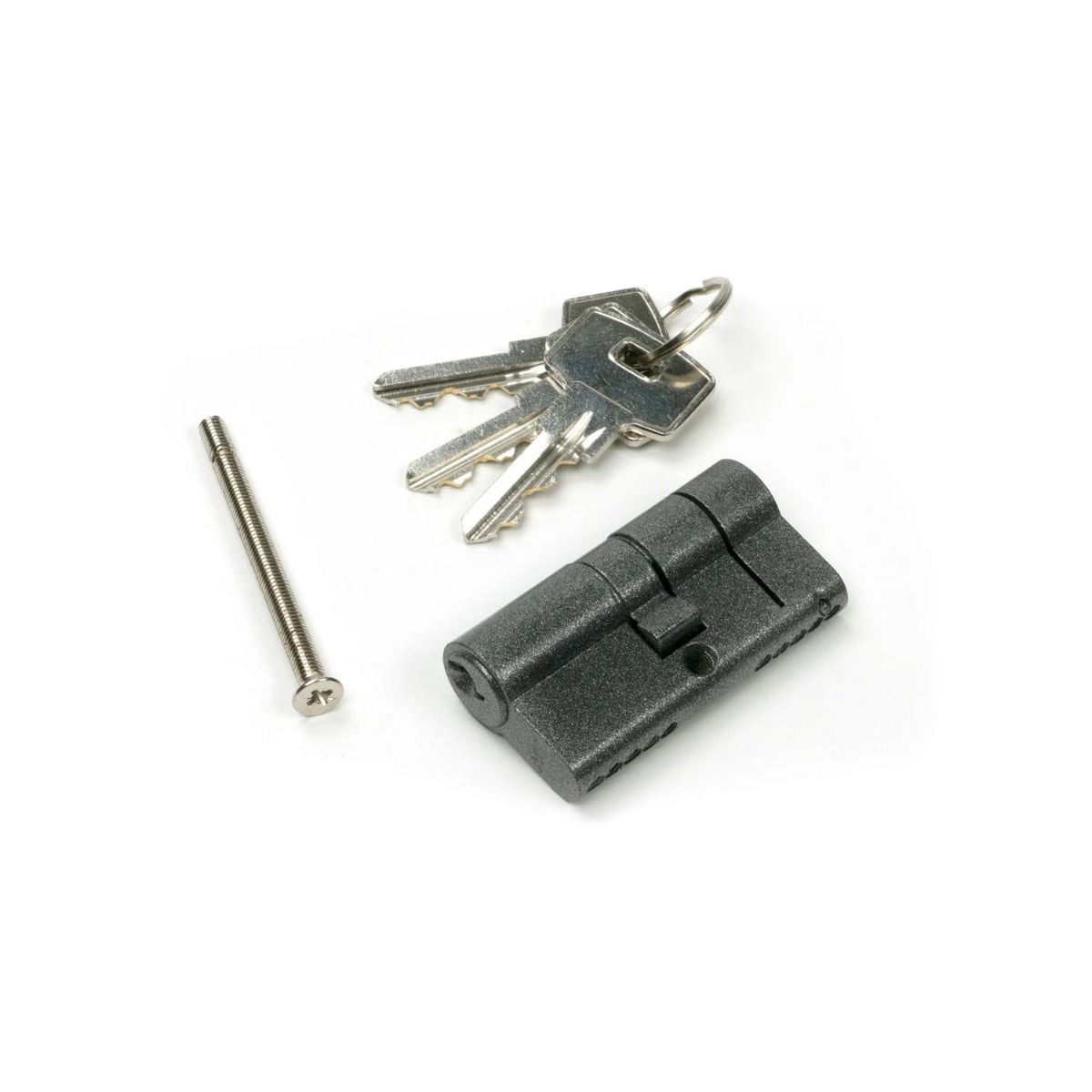 The 5-Pin Euro Cylinder Lock Keyed Alike - 30/30 - Pewter with Bolt and Keys on a White Background 