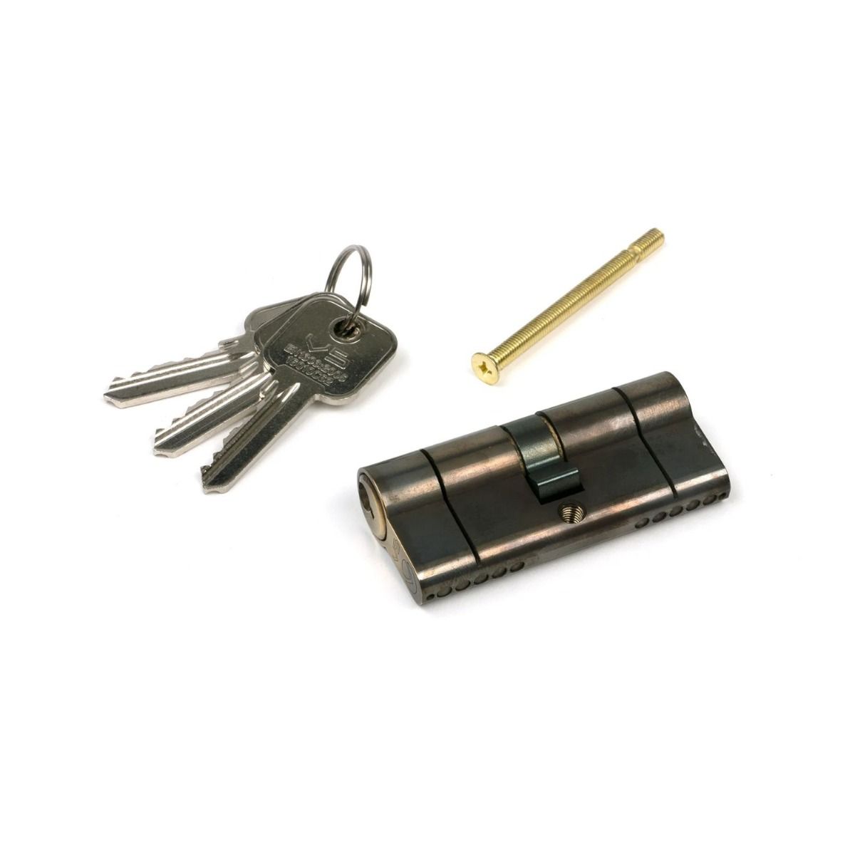 The 5-Pin Euro Cylinder Lock Keyed Alike - 35/35 - Aged Brass with Bolt and keys on a White Background 