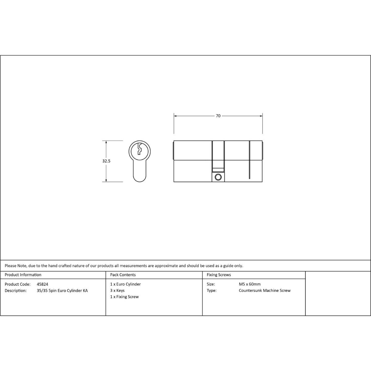 The 5-Pin Euro Cylinder Lock Keyed Alike - 35/35 - Pewter Technical Drawings and Dimensions 
