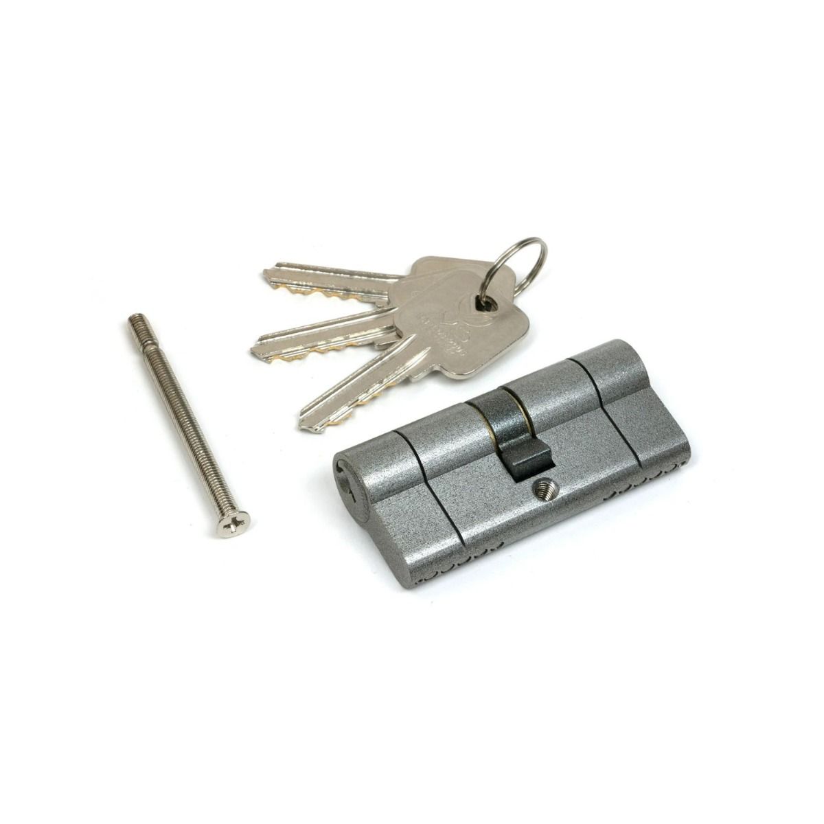 The 5-Pin Euro Cylinder Lock Keyed Alike - 35/35 - Pewter with Bolt and Keys on a White Background 