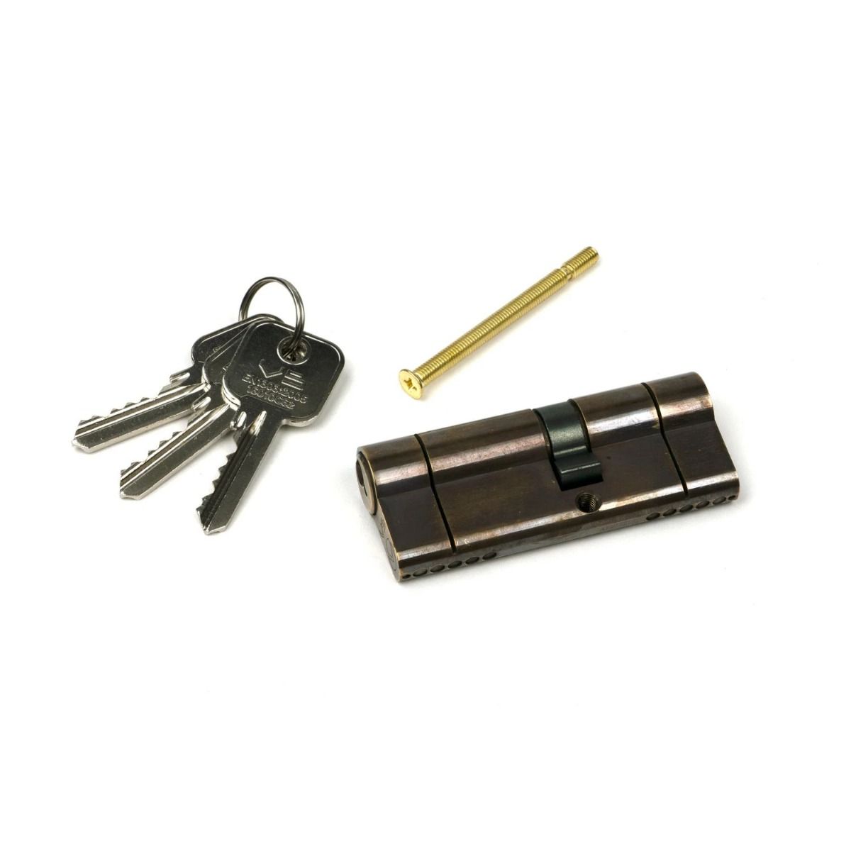 The 5-Pin Euro Cylinder Lock Keyed Alike - 35/45 - Aged Brass with Bolt and Keys on a White Background 