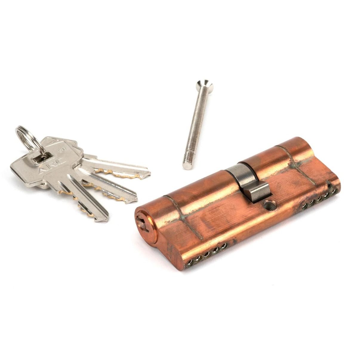 The 5-Pin Euro Cylinder Lock Keyed Alike - 35/45 - Polished Bronze with Bolt and Keys on a White Background 
