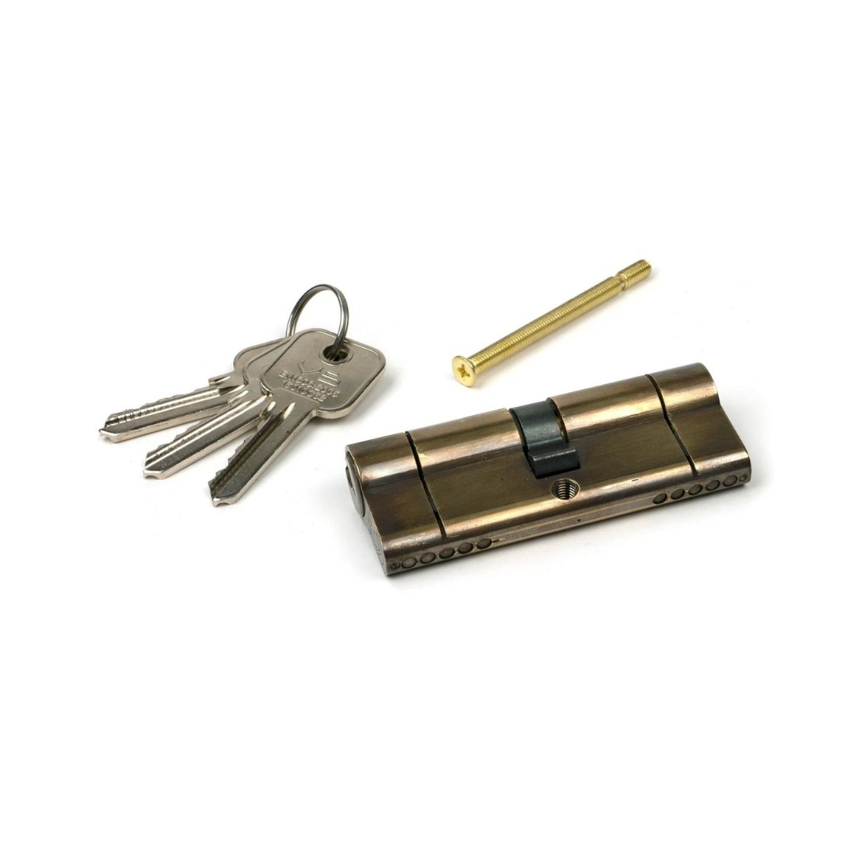 The 5-Pin Euro Cylinder Lock Keyed Alike - 40/40 - Aged Brass with Bolt and Keys on a White Background 