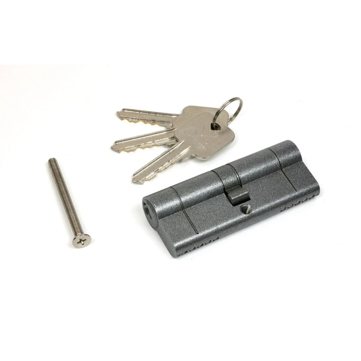 The 5-Pin Euro Cylinder Lock Keyed Alike - 40/40 - Pewter with Bolt and Keys on a White Background 