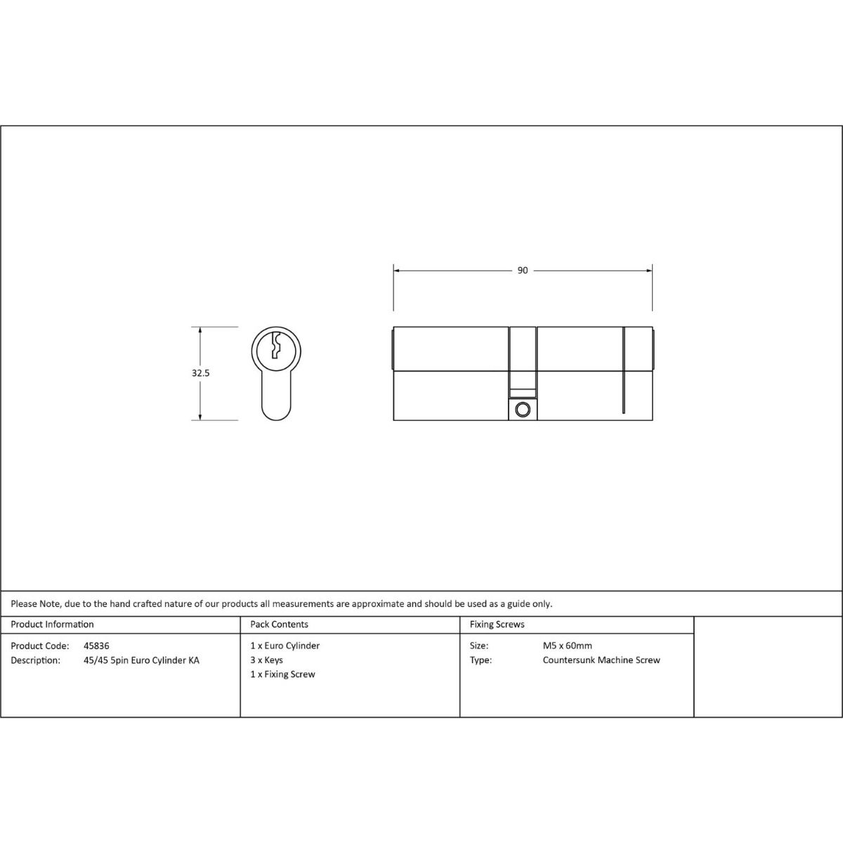 The 5-Pin Euro Cylinder Lock Keyed Alike - 45/45 - Aged Bronze Technical Drawings and Dimensions 
