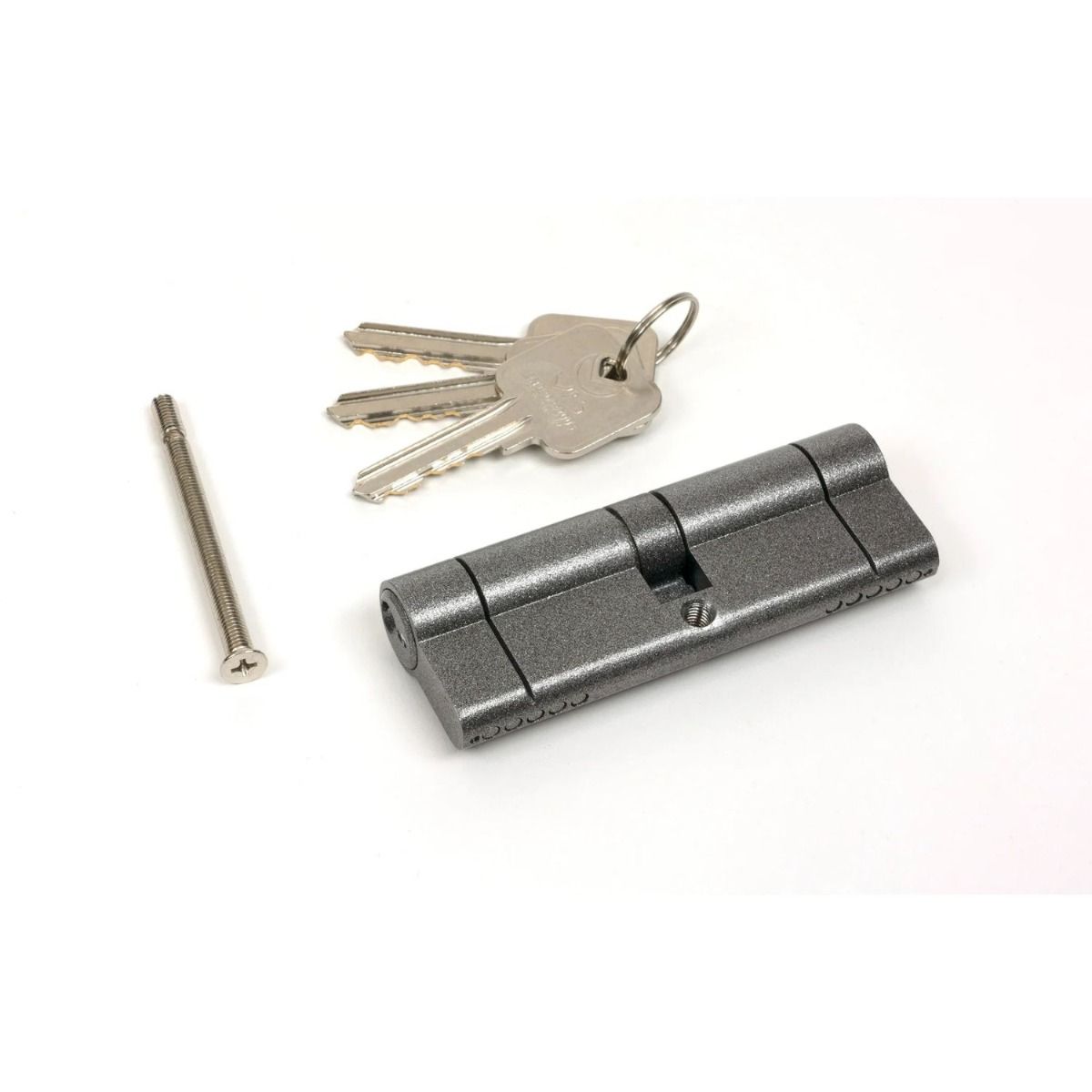 The 5-Pin Euro Cylinder Lock Keyed Alike - 45/45 - Pewter with Bolt and Keys on a White Background 