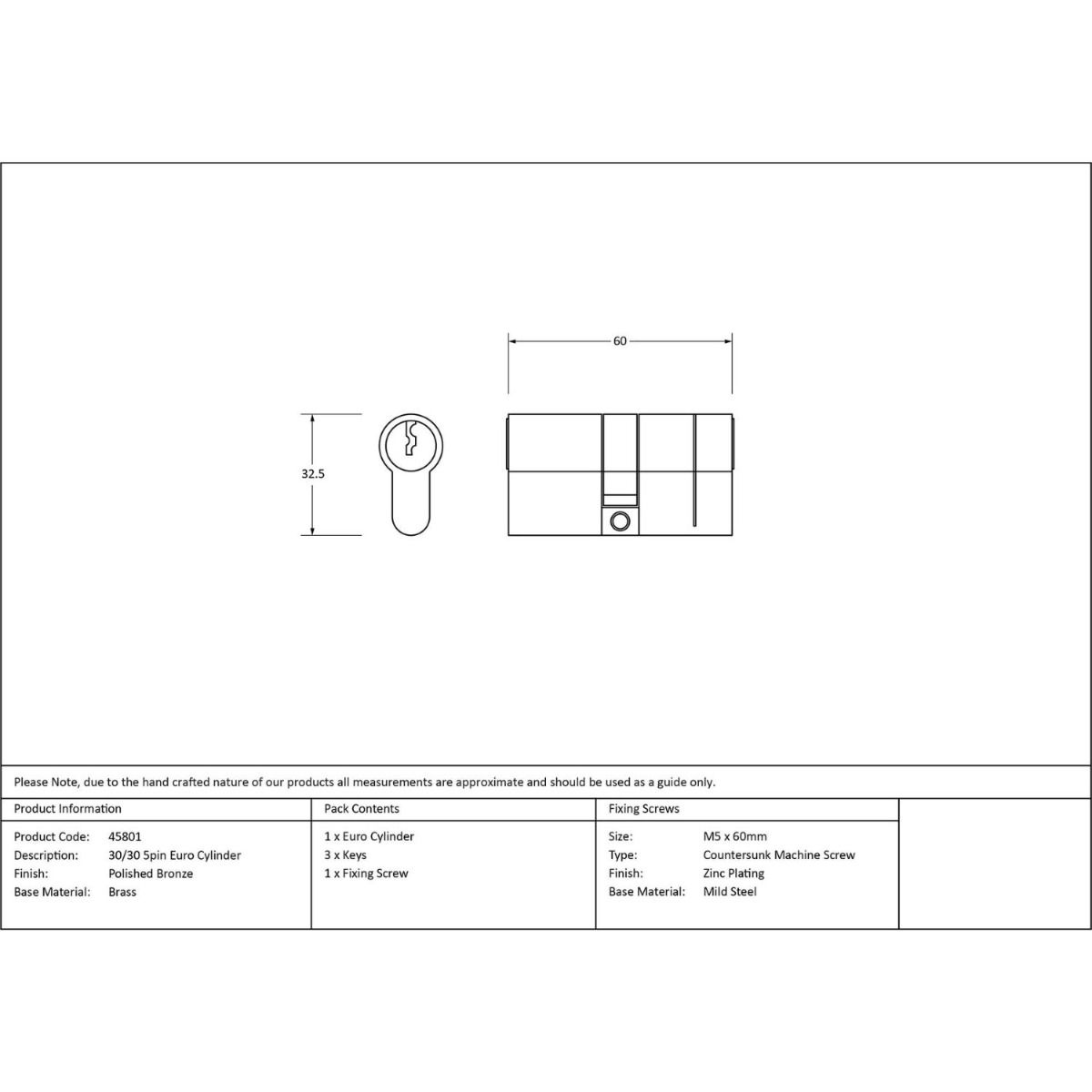 The 5-Pin Euro Cylinder Lock Keyed to Differ - 30/30 - Polished Bronze Technical Drawings and Dimensions 