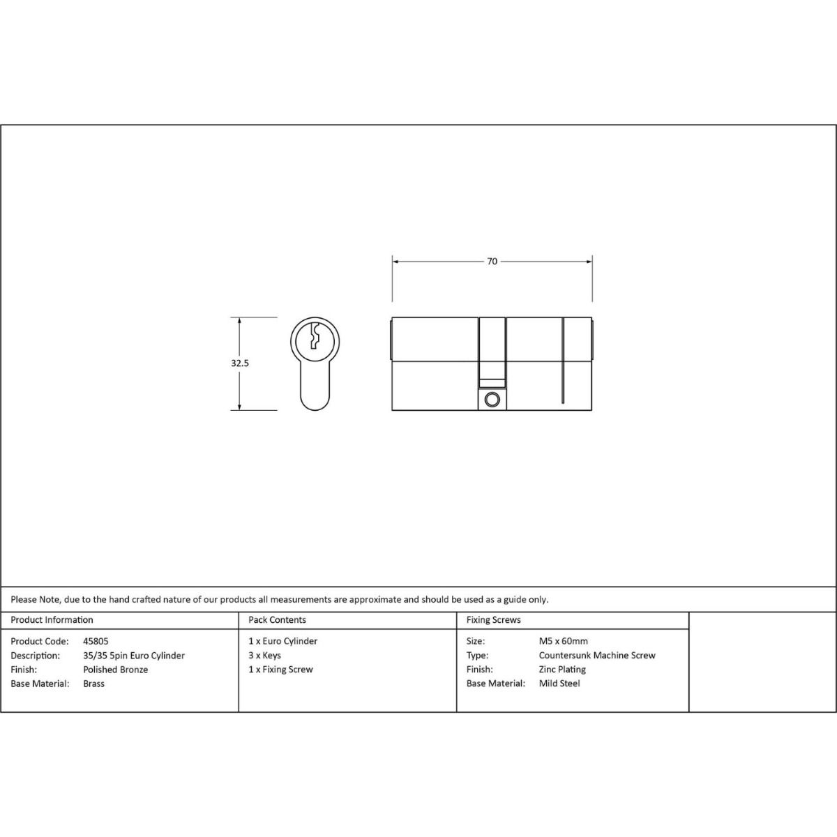 The 5-Pin Euro Cylinder Lock Keyed to Differ - 35/35 - Polished Bronze Technical Drawings and Dimensions 