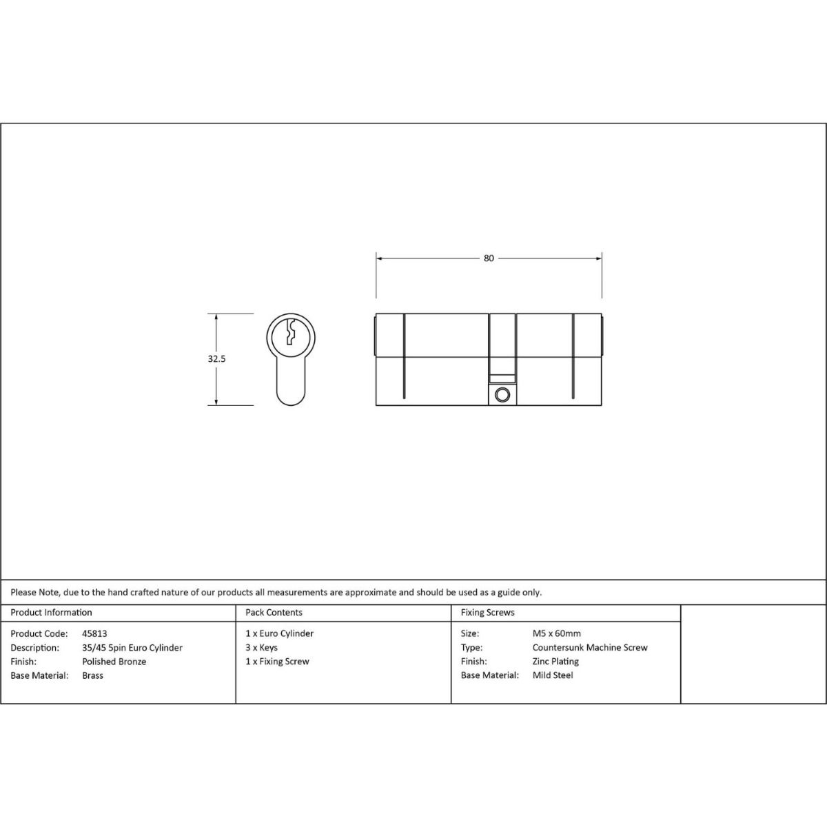 The 5-Pin Euro Cylinder Lock Keyed to Differ - 35/45 - Polished Bronze Technical Drawings and Dimensions 