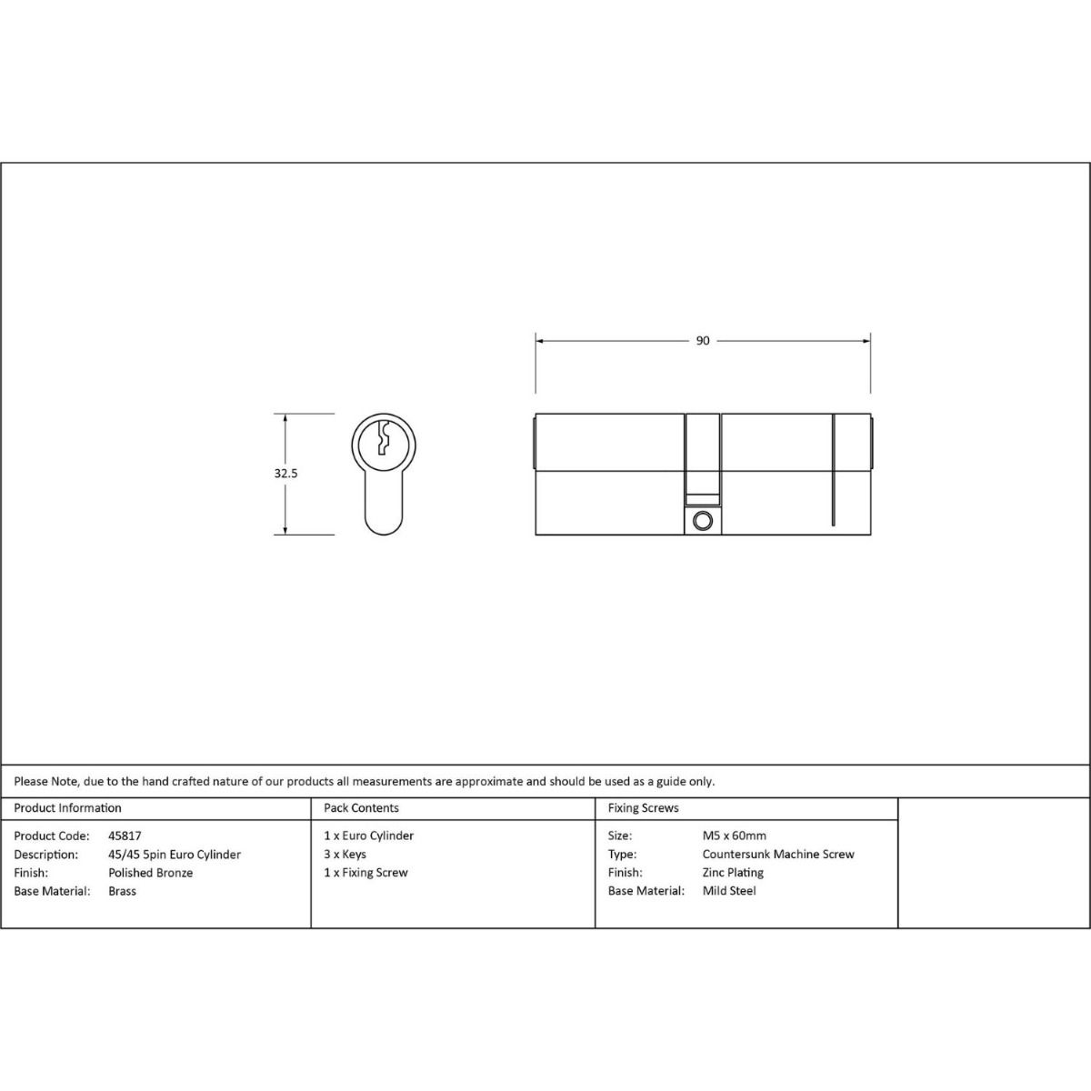 The 5-Pin Euro Cylinder Lock Keyed to Differ - 45/45 - Polished Bronze Technical Drawings and Dimensions 