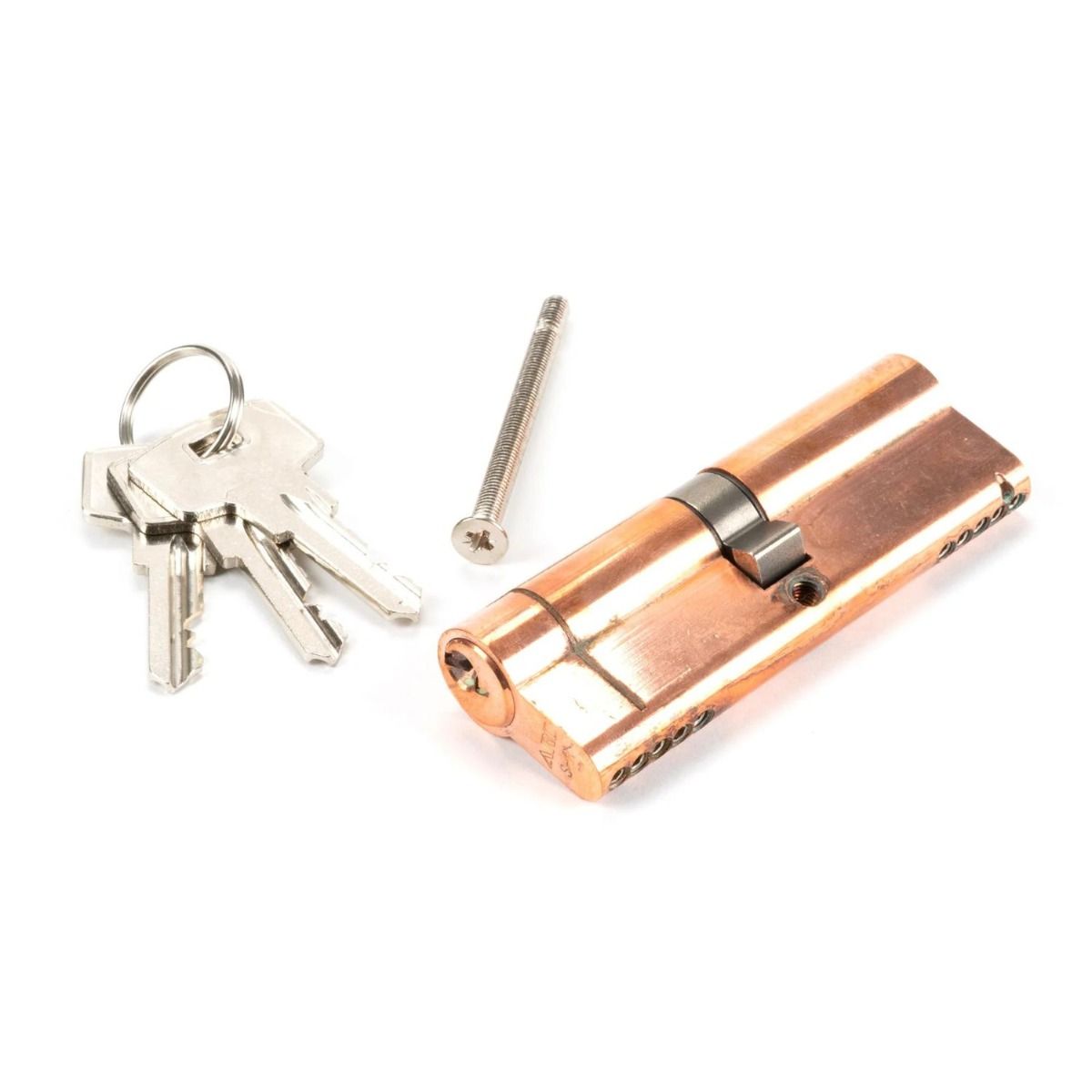 The 5-Pin Euro Cylinder Lock Keyed to Differ - 45/45 - Polished Bronze with Bolt and Keys on a White Background