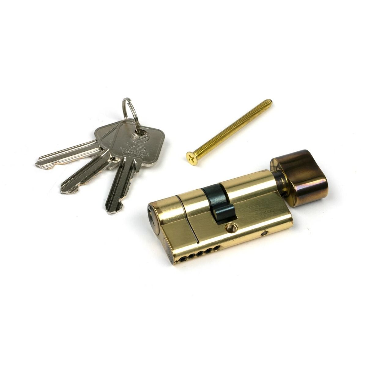 The 5-Pin Euro Cylinder Thumbturn Lock Keyed to Differ - 30/30 - Aged Brass with Bolt and Keys on a White Background 