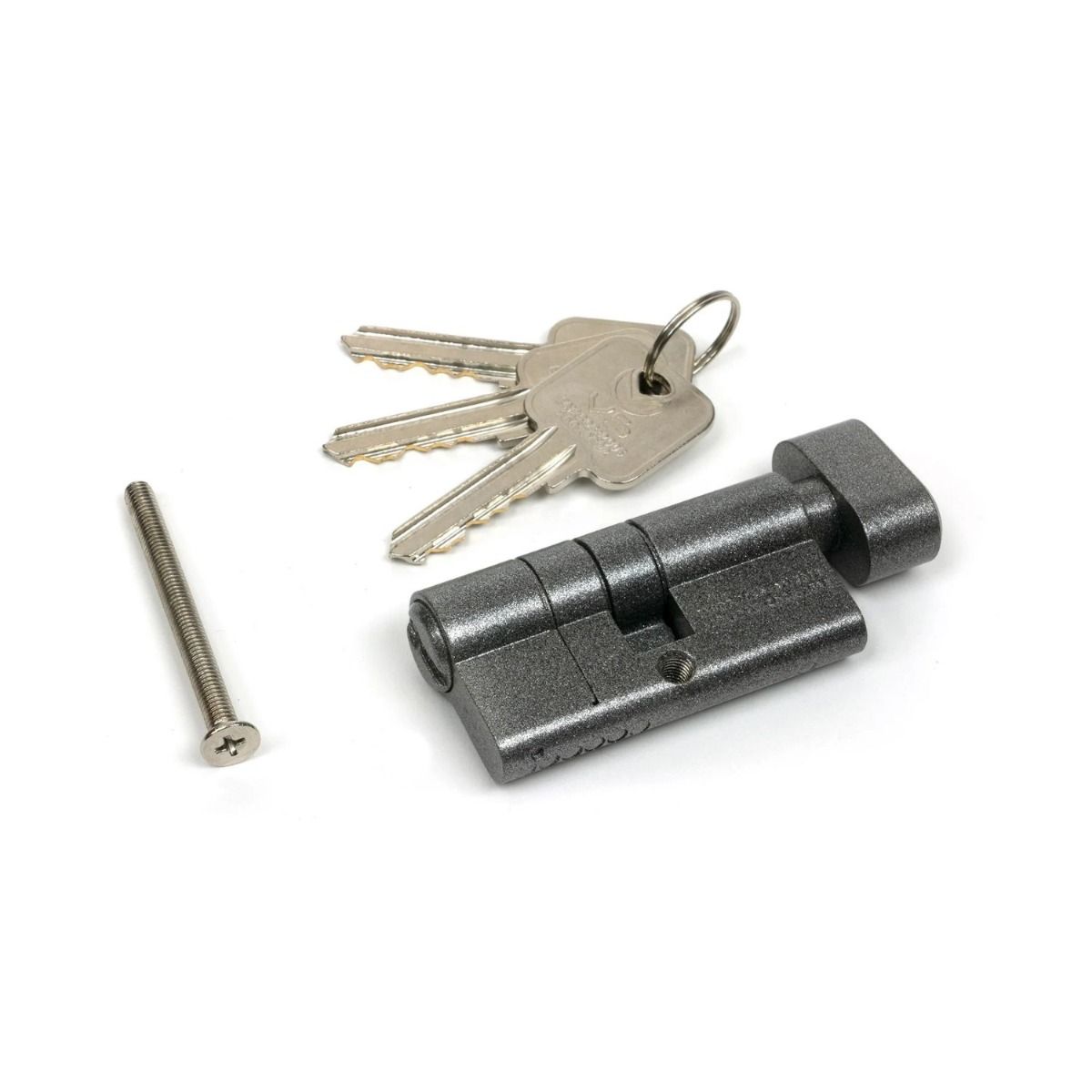 The 5-Pin Euro Cylinder Thumbturn Lock Keyed to Differ - 30/30 - Pewter with Bolt and Keys on a White Background 