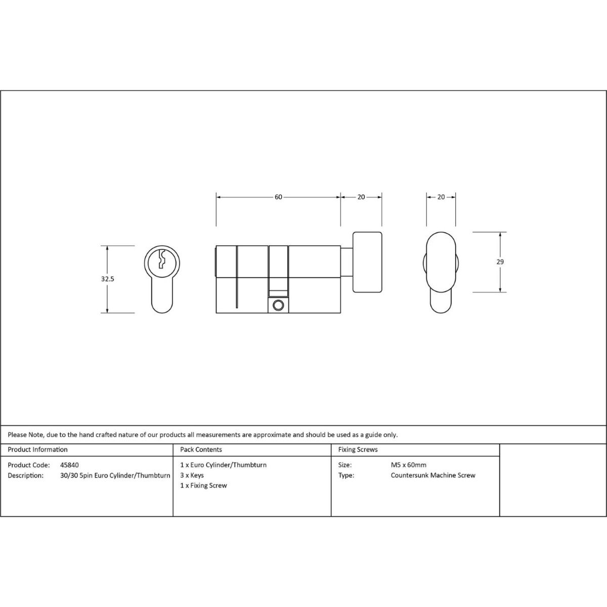 The 5-Pin Euro Cylinder Thumbturn Lock Keyed to Differ - 30/30 - Polished Bronze Technical Drawings and Dimensions 