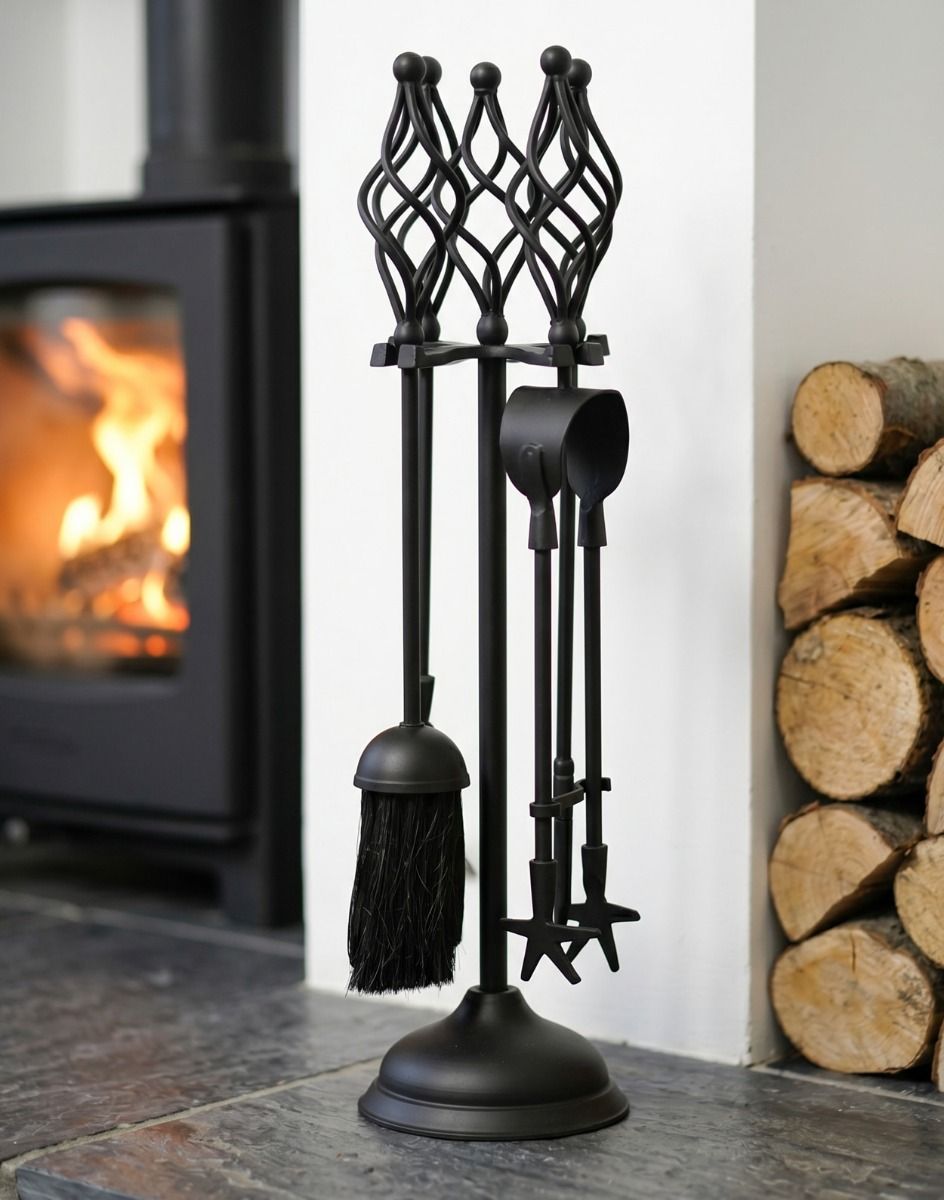 The 50cm Black "Kingfisher" Companion Set next to a White Fireplace in a Modern Home with a Log Burner Stove - Digital Illustration