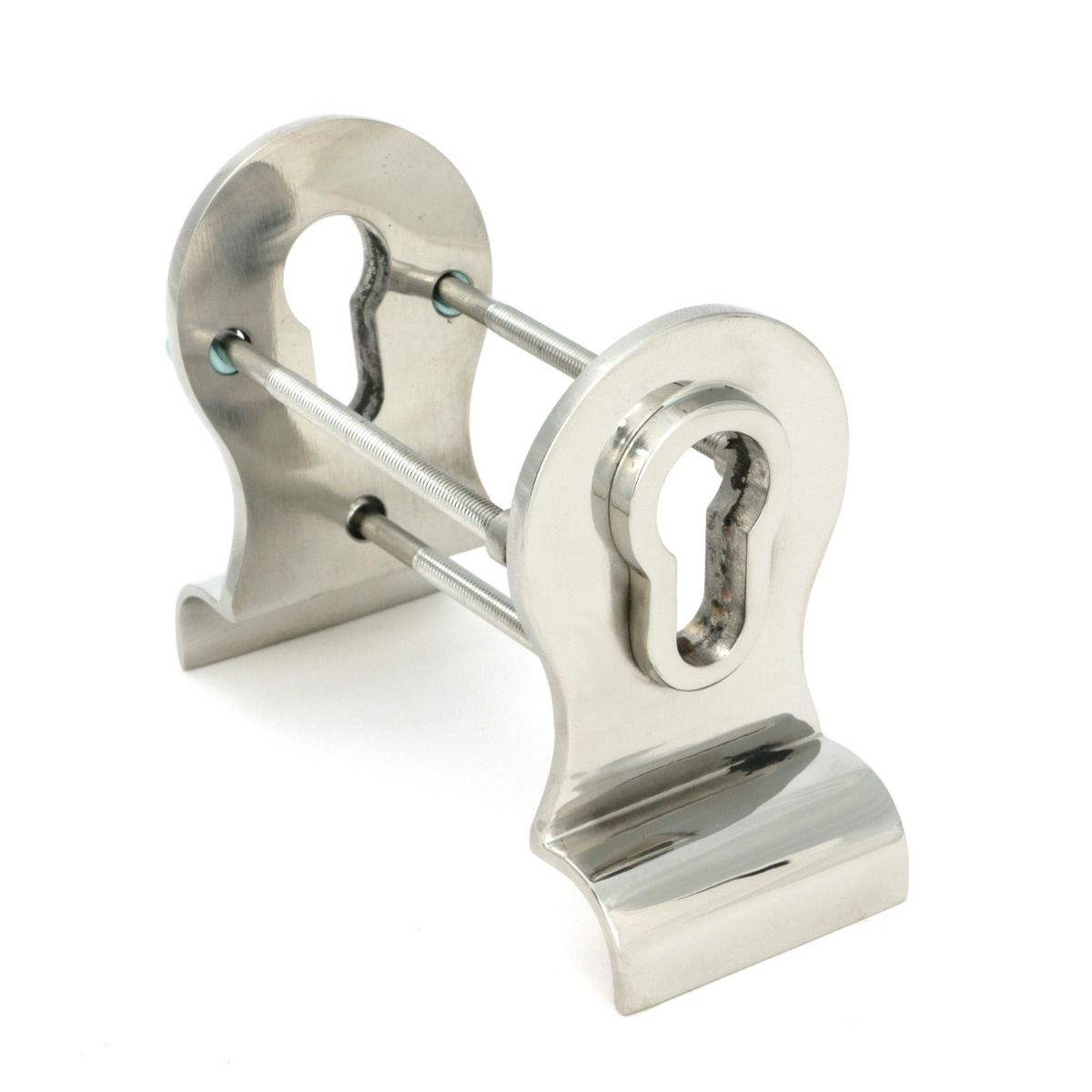 The 50mm Curved Euro Cylinder Back-to-Back Door Pull Set in Polished Stainless Steel on a White Background Shown at an Angle