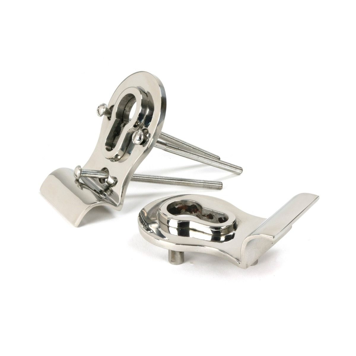 The 50mm Curved Euro Cylinder Back-to-Back Door Pull Set in Polished Stainless Steel Shown from the Side on a White Background