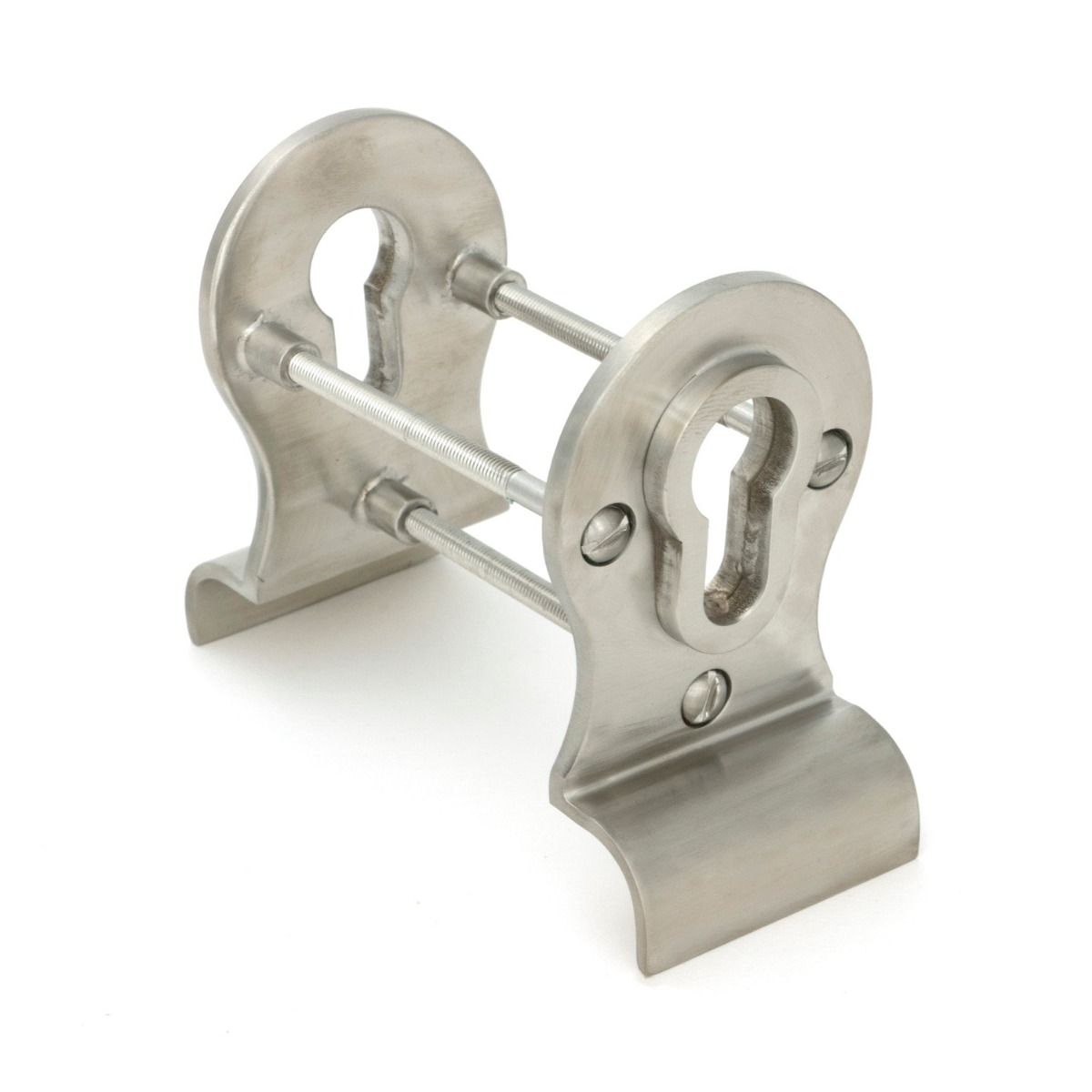 The 50mm Curved Euro Cylinder Back-to-Back Door Pull Set in Satin Stainless Steel Shown from the Behind with Screw Holes