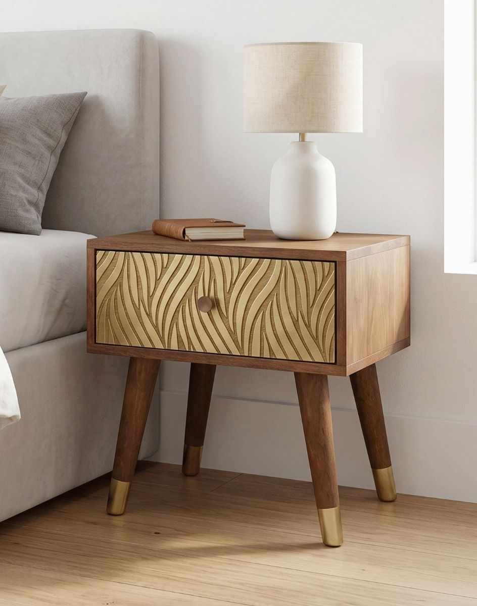 The 51cm Mango Wood & Brass Bedside Cabinet Placed next to a King Size Bed in a Modern Home - Digital Illustration 