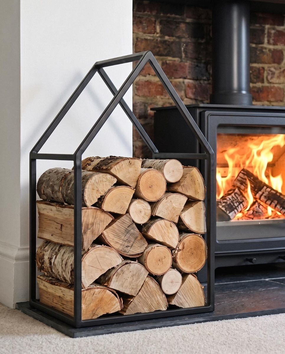 The 55cm"Town House" Iron Log Rack with some Birch Logs in a White Living Room next to a Log Burner Stove - Digital Illustration 