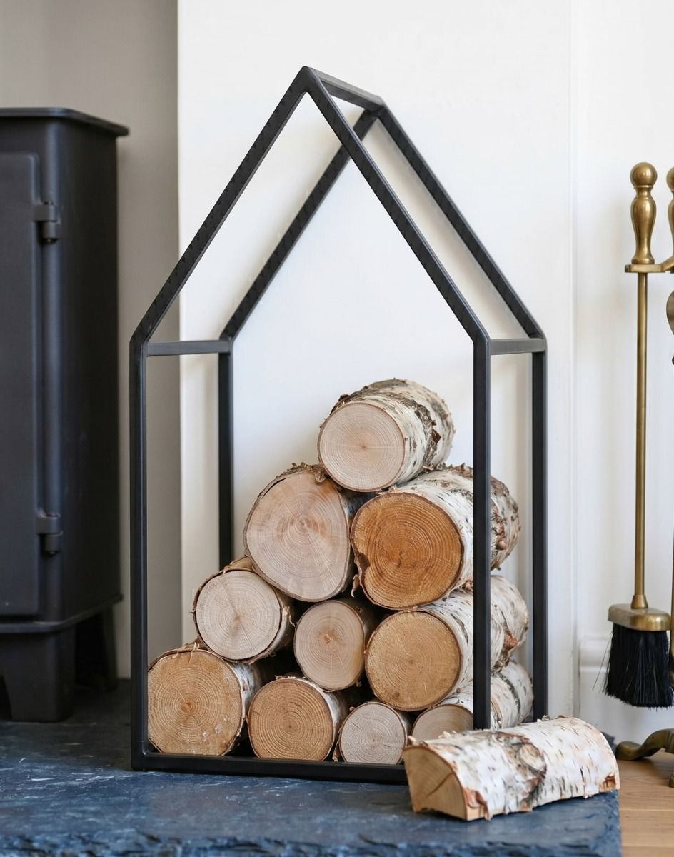 The 55cm"Town House" Iron Log Rack with some Birch Logs in a White Living Room next to a Log Burner Stove - Digital Illustration