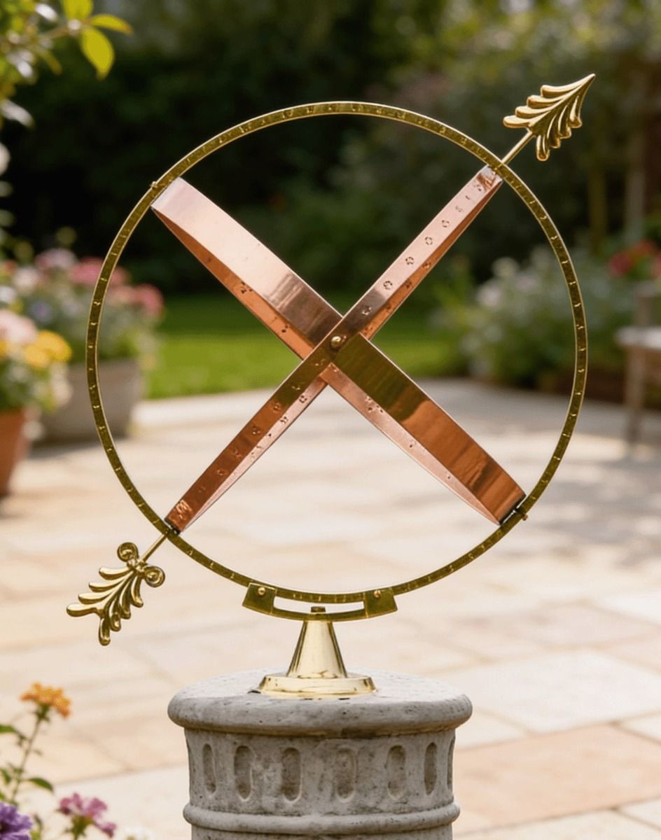 The 57cm Polished Brass & Copper "Athens" Armillary Placed on a Pillar in Front of a Sunny Patio - Digital Illustration