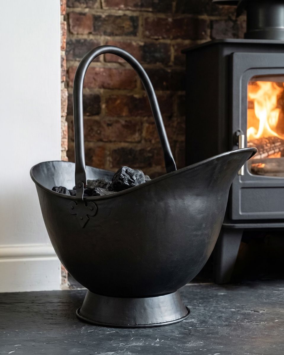 The 58cm "Waterloo" Black Iron Coal Bucket Displayed in a Modern Cream Living Room in Front of a Fireplace - Digital Illustration