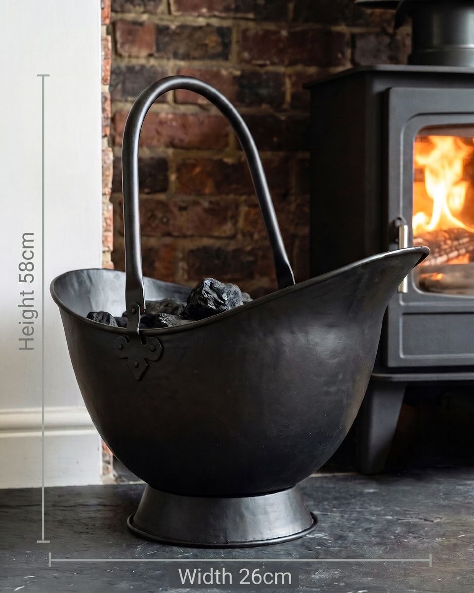 The 58cm "Waterloo" Black Iron Coal Bucket Displayed in a Modern Cream Living Room in Front of a Fireplace - Digital Illustration Diagram
