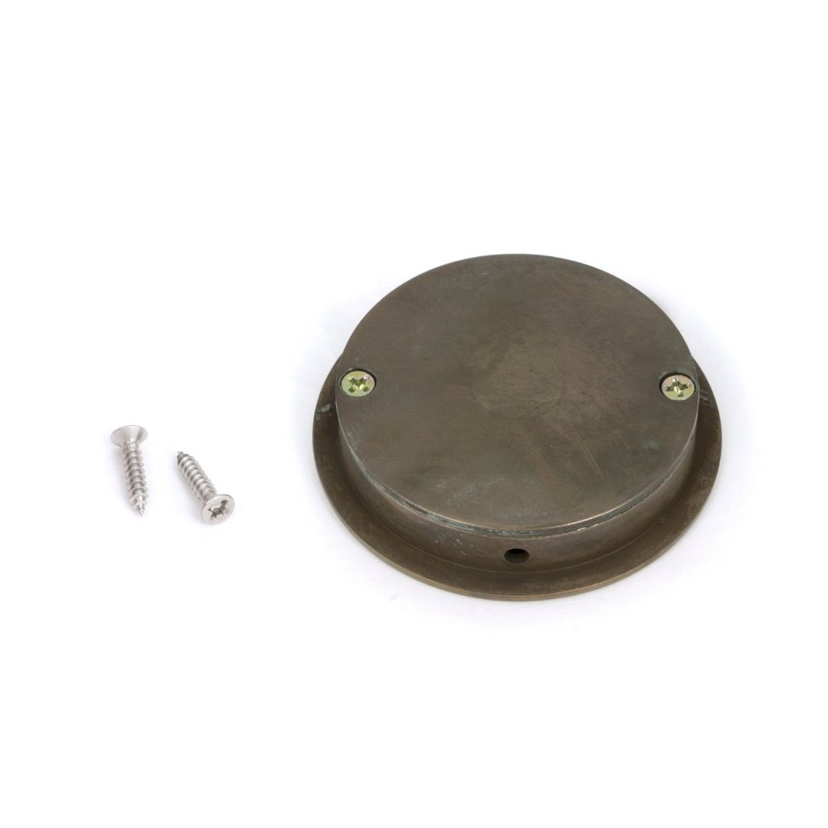 The 60mm Art Deco Round Flush Pull Handle in Aged Brass Shown from Behind with Supplied Screws