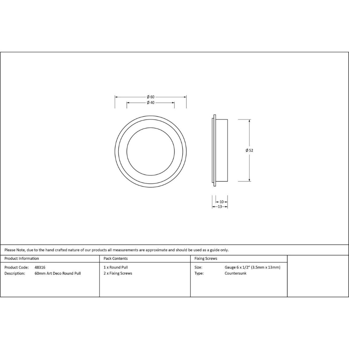 The 60mm Art Deco Round Flush Pull Handle in Aged Brass Technical Drawings and Dimensions