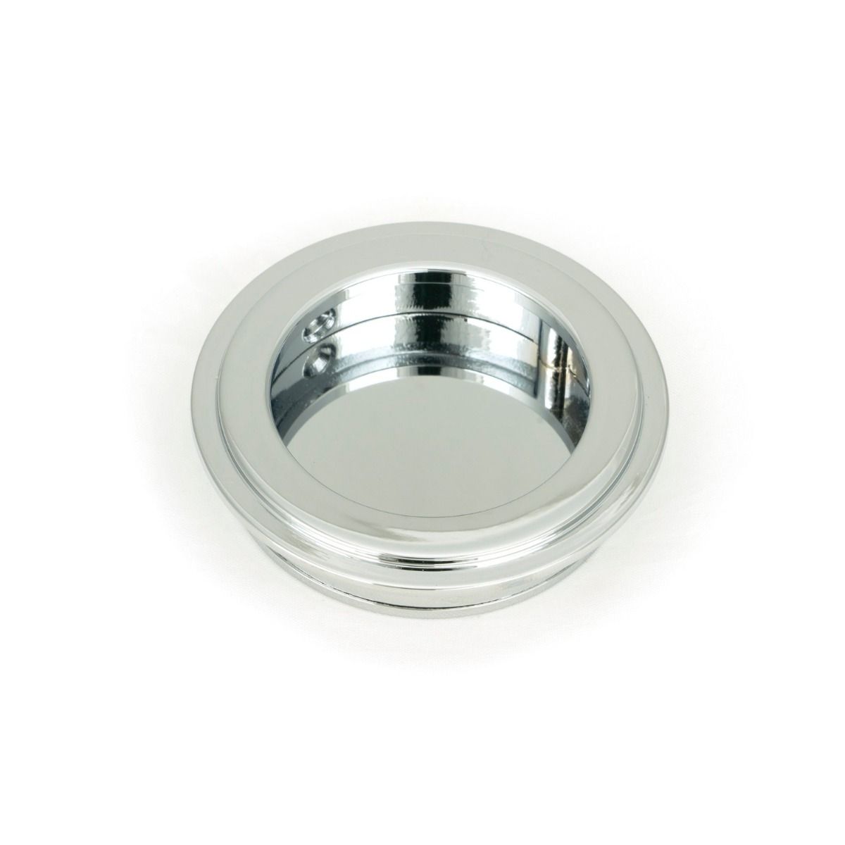The 60mm Art Deco Round Flush Pull Handle in Polished Chrome Shown from the Front on a White Background
