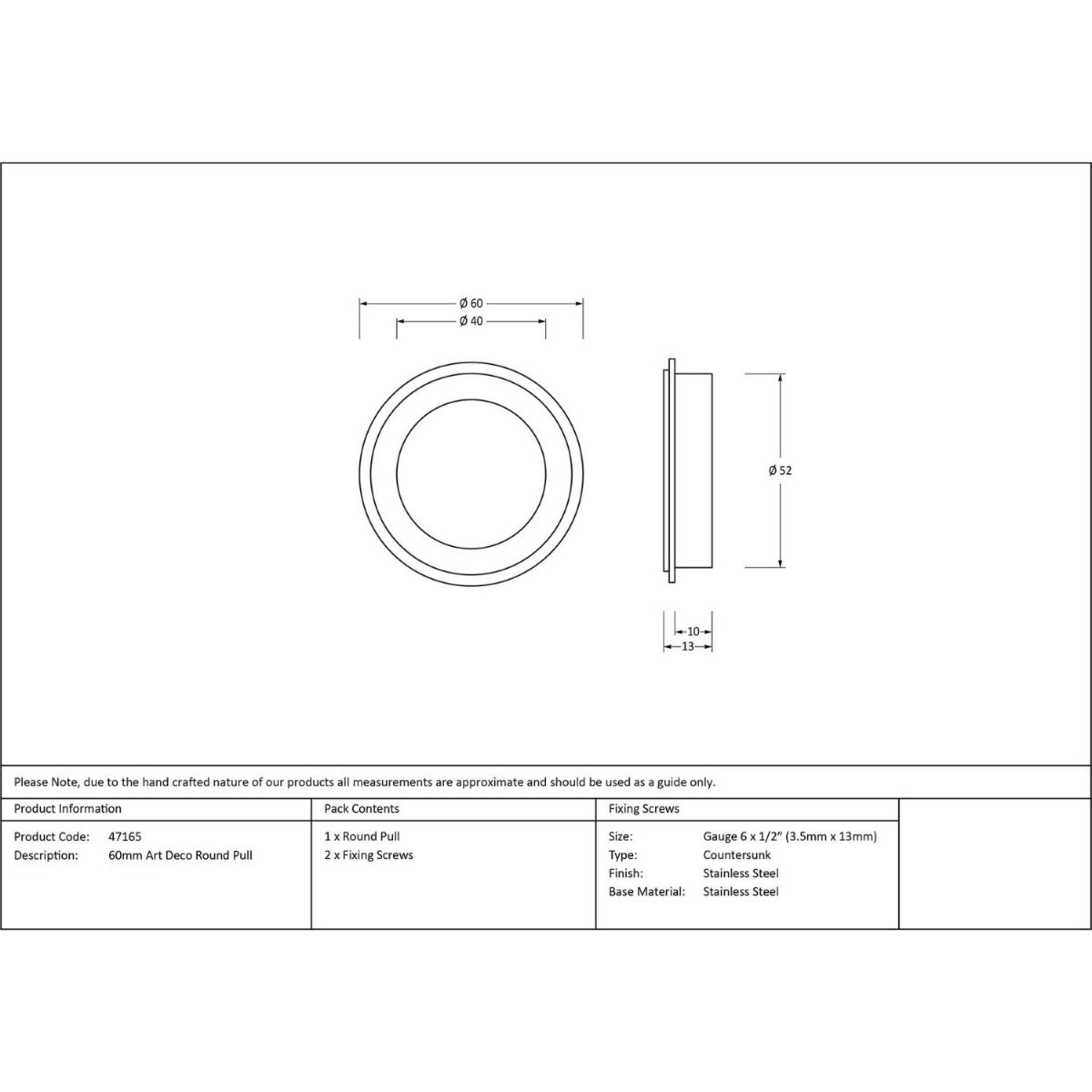 The 60mm Art Deco Round Flush Pull Handle Technical Drawings and Dimensions