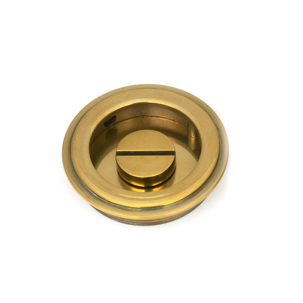 The 60mm Art Deco Round Sliding Pocket Door Privacy Set in Aged Brass Showing the Coin Release Side