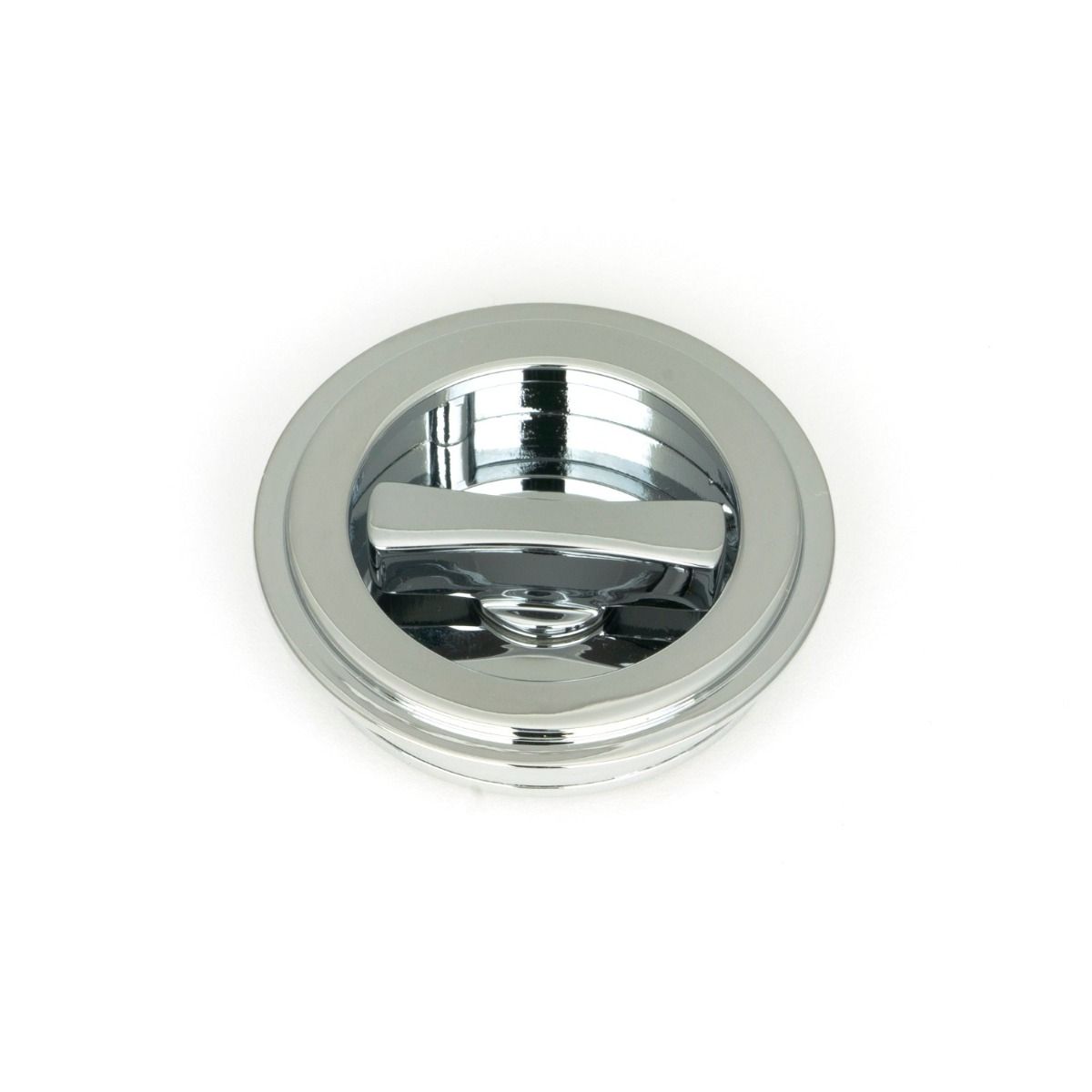 The 60mm Art Deco Round Sliding Pocket Door Privacy Set in Polished Chrome Showing a Close up view of the Thumbturn
