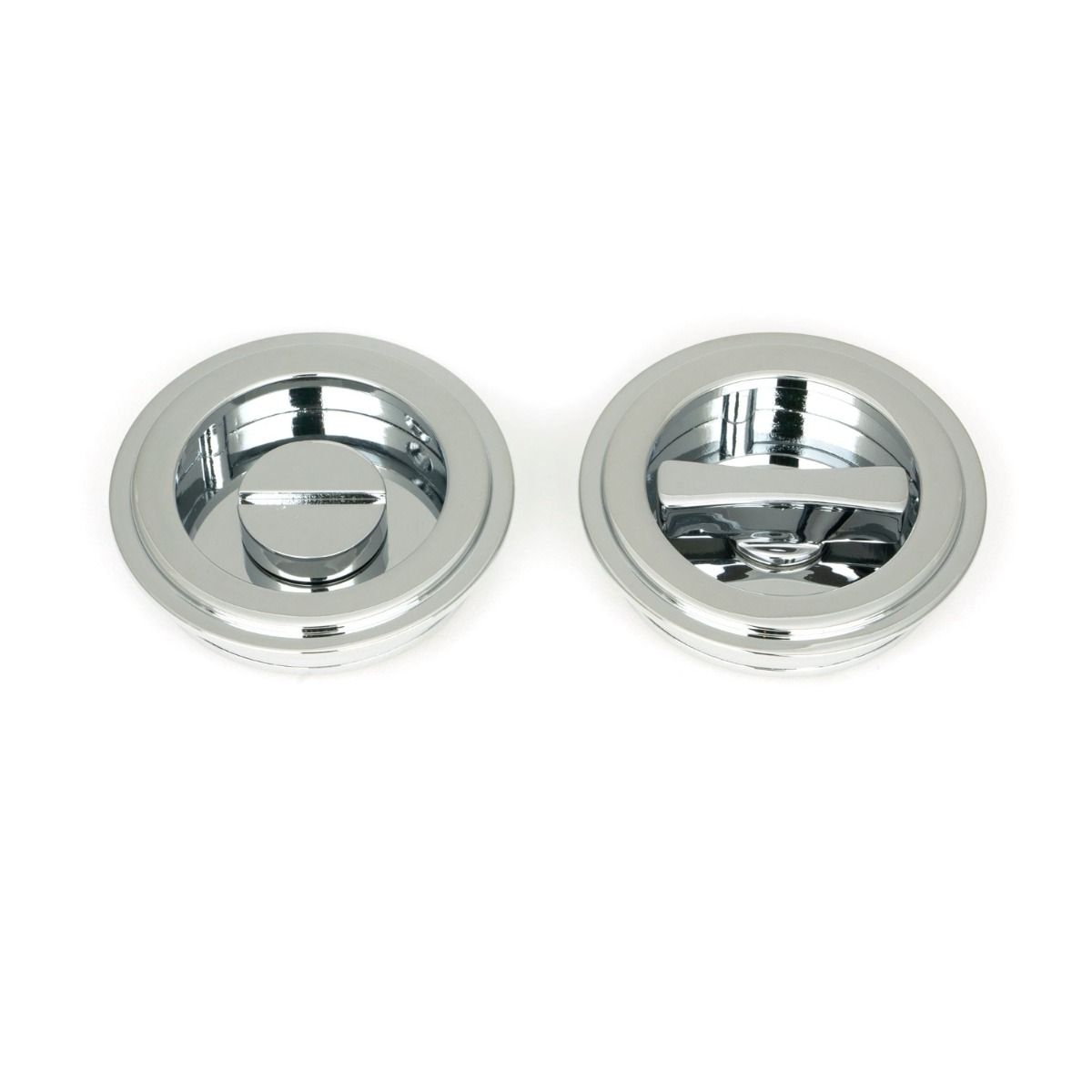 The 60mm Art Deco Round Sliding Pocket Door Privacy Set in Polished Chrome Showing the Front and Rear Section Side by Side