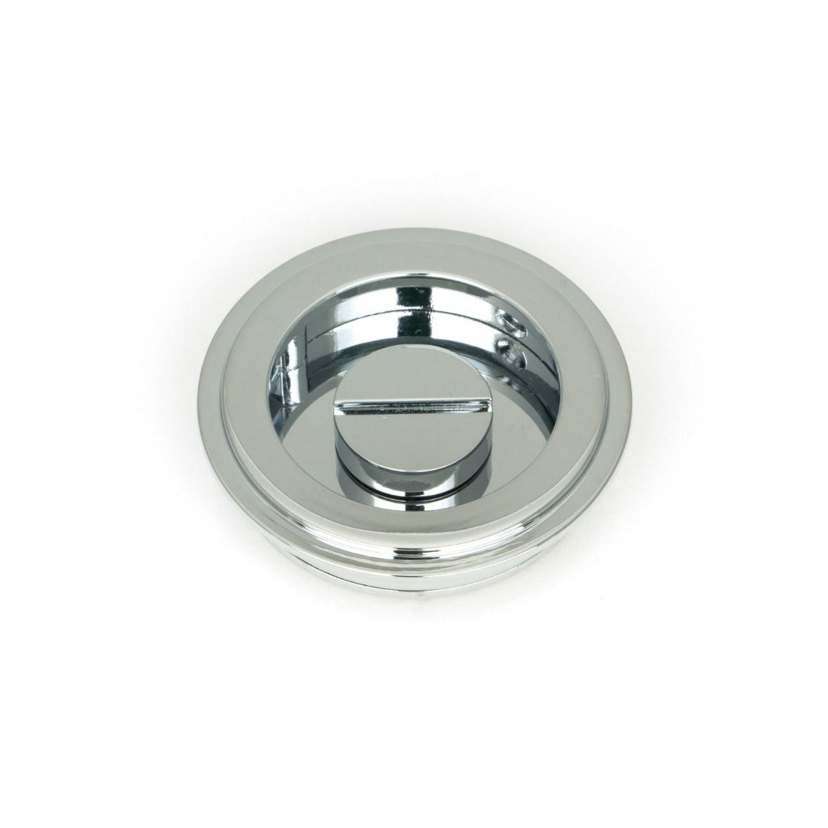 The 60mm Art Deco Round Sliding Pocket Door Privacy Set in Polished Chrome Showing the Rear of the Locking Mechanism