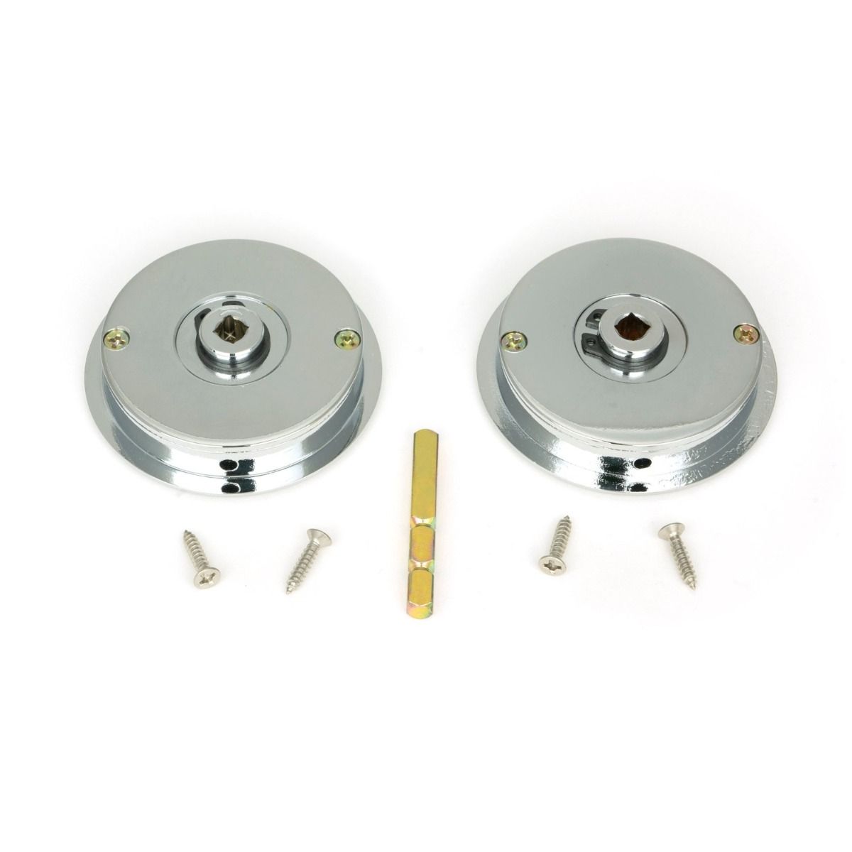The 60mm Art Deco Round Sliding Pocket Door Privacy Set in Polished Chrome Shown from Behind with Supplied Spindle and Screws