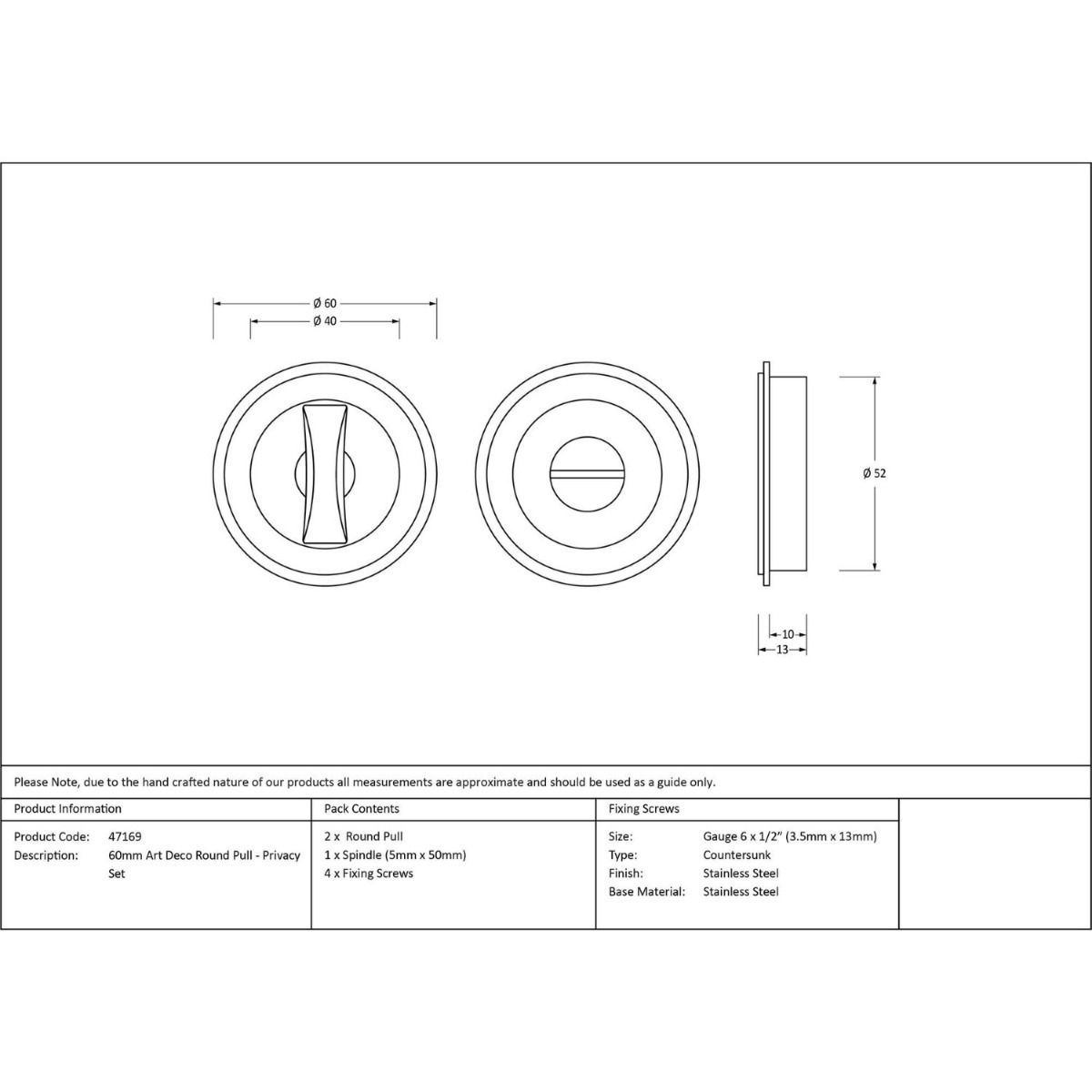 The 60mm Art Deco Round Sliding Pocket Door Privacy Set Technical Drawings and Dimensions