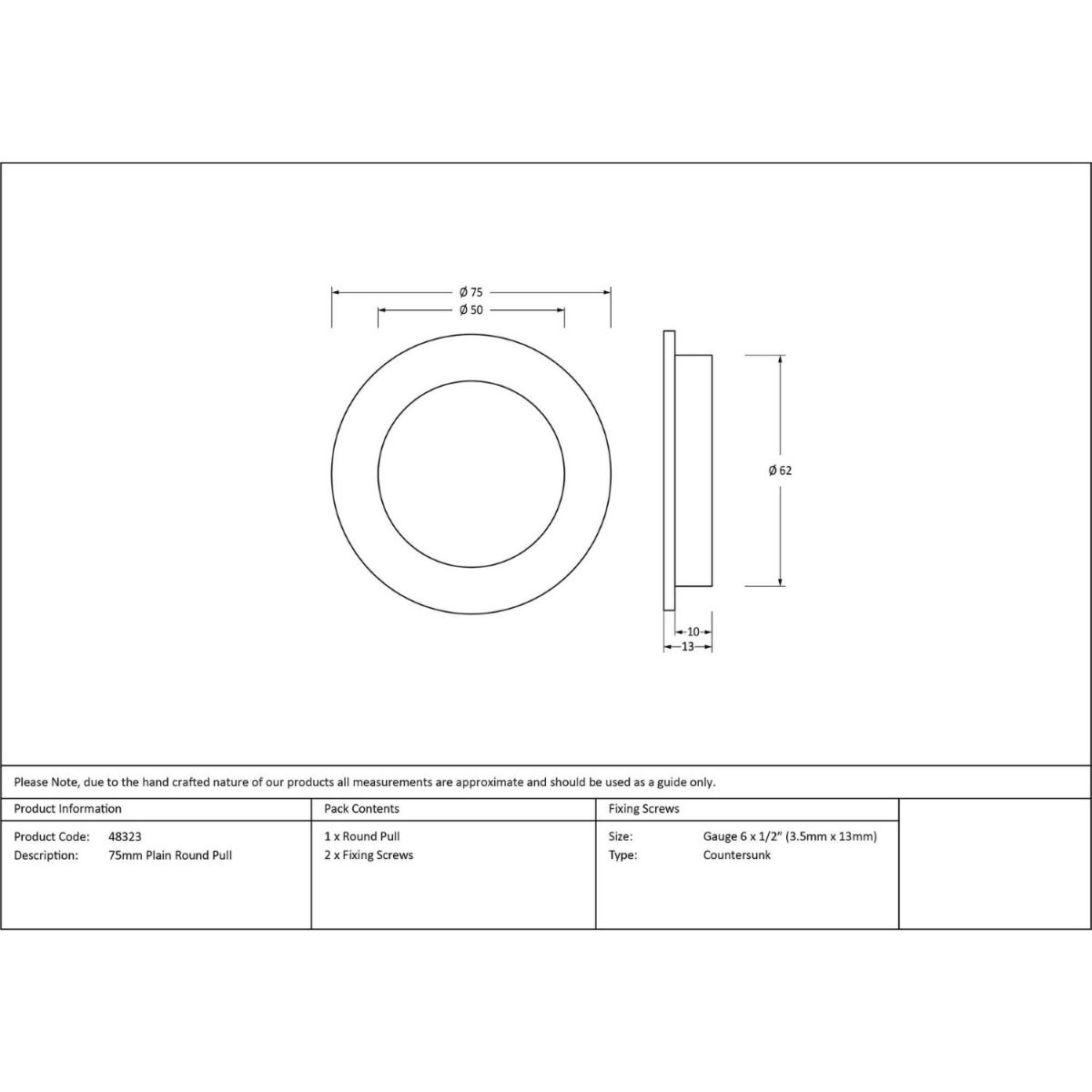 The 60mm Classic Round Flush Pull Handle in Aged Brass Technical Drawings and Dimensions