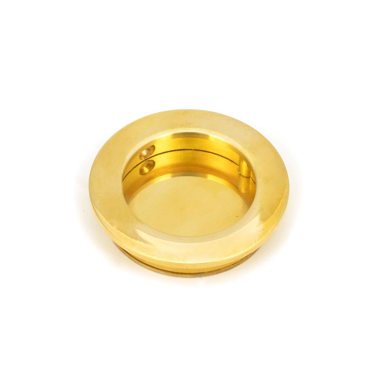 The 60mm Classic Round Flush Pull Handle in Polished Brass shown up close on a White Background