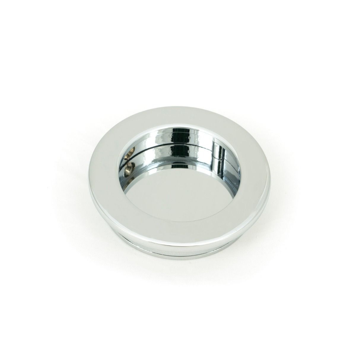 The 60mm Classic Round Flush Pull Handle in Polished Chrome Shown from the Front on a White Background
